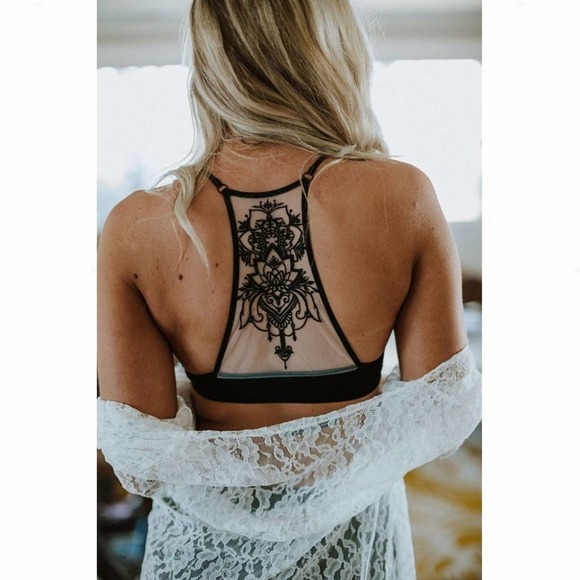 Black Floral Lace Mesh Racerback Tattoo Bralette - Picture 6 of 16